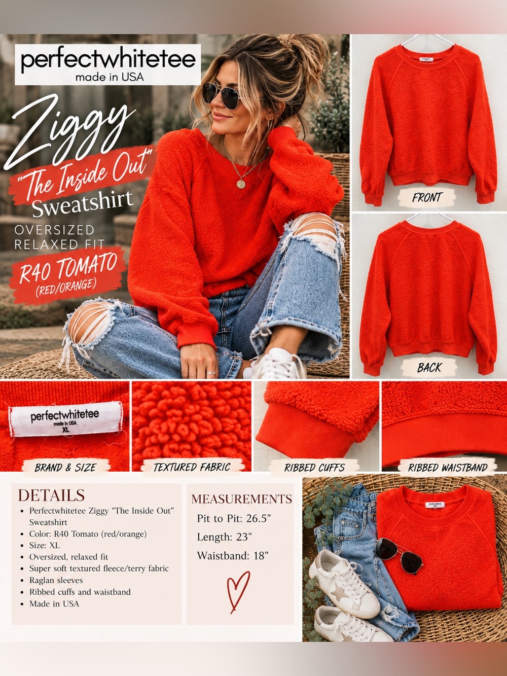 Perfectwhitetee Oversized Ziggy Inside out Sweatshirt, XL R40 Tomato orange/red